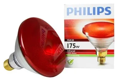 Philips-Infrarotlampe PAR38 mit rotem Glas, daneben ihre Verpackung.